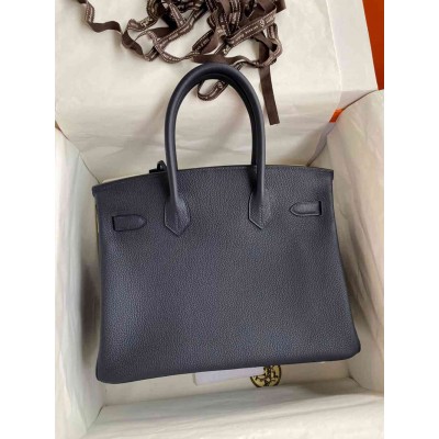 Hermes Birkin 30 Retourne Handmade Bag In Blue Nuit Clemence Leather