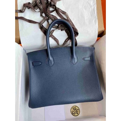 Hermes Birkin 30 Retourne Handmade Bag In Blue Saphir Clemence Leather