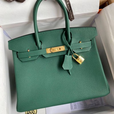 Hermes Birkin 30 Retourne Handmade Bag In Malachite Clemence Leather