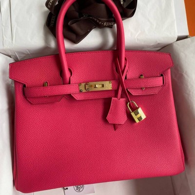 Hermes Birkin 30 Retourne Handmade Bag In Rose Red Clemence Leather