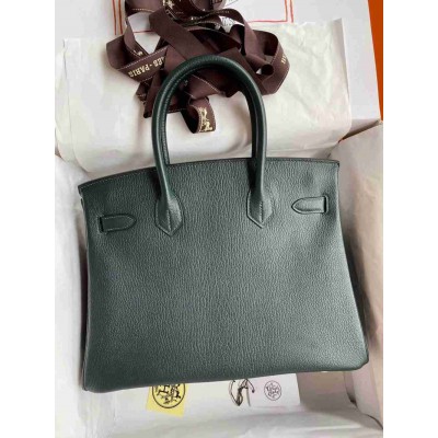 Hermes Birkin 30 Retourne Handmade Bag In Vert Cypres Chevre Mysore Leather