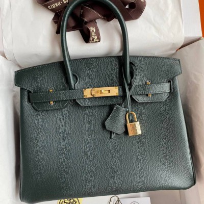 Hermes Birkin 30 Retourne Handmade Bag In Vert Cypres Chevre Mysore Leather