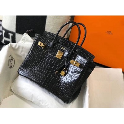 Hermes Birkin 30cm Bag In Black Embossed Crocodile Leather