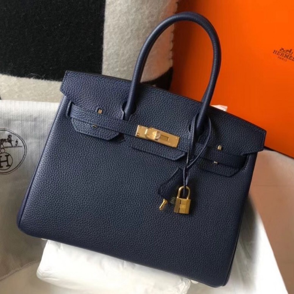 Hermes Birkin 30cm Bag In Dark Blue Clemence Leather GHW