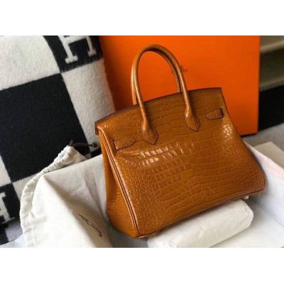 Hermes Birkin 30cm Bag In Gold Embossed Crocodile Leather