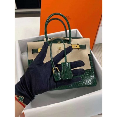 Hermes Birkin 30 Bag In Green Crocodile Porosus Shiny Skin