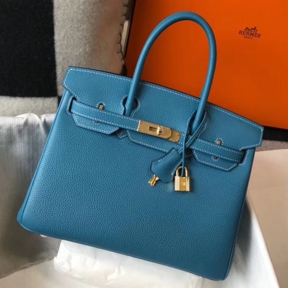 Hermes Birkin 30cm Bag In Jean Blue Clemence Leather GHW