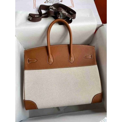 Hermes Birkin 35 Handmade Bag In Toile & Gold Swift Leather