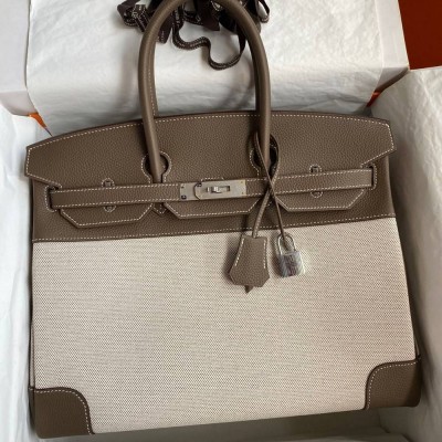 Hermes Birkin 35 Handmade Bag In Toile & Taupe Clemence Leather