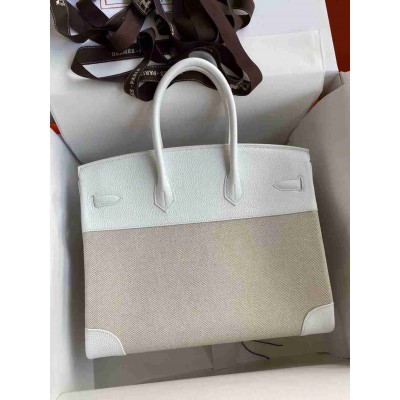 Hermes Birkin 35 Handmade Bag In Toile & White Clemence Leather