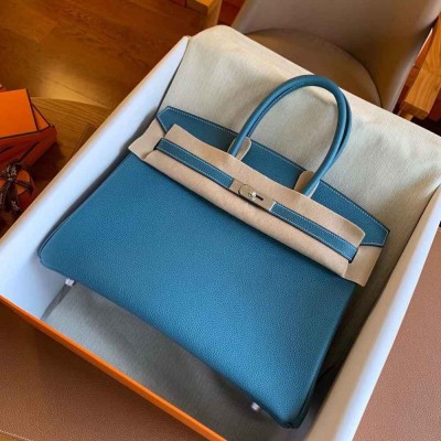 Hermes Birkin 35 Retourne Handmade Bag in Blue Jean Clemence Leather