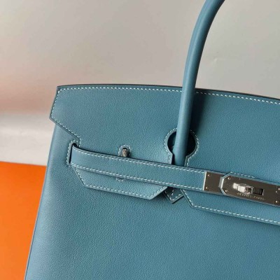 Hermes Birkin 35 Retourne Handmade Bag in Blue Jean Swift Leather