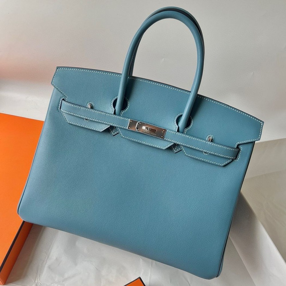 Hermes Birkin 35 Retourne Handmade Bag in Blue Jean Swift Leather