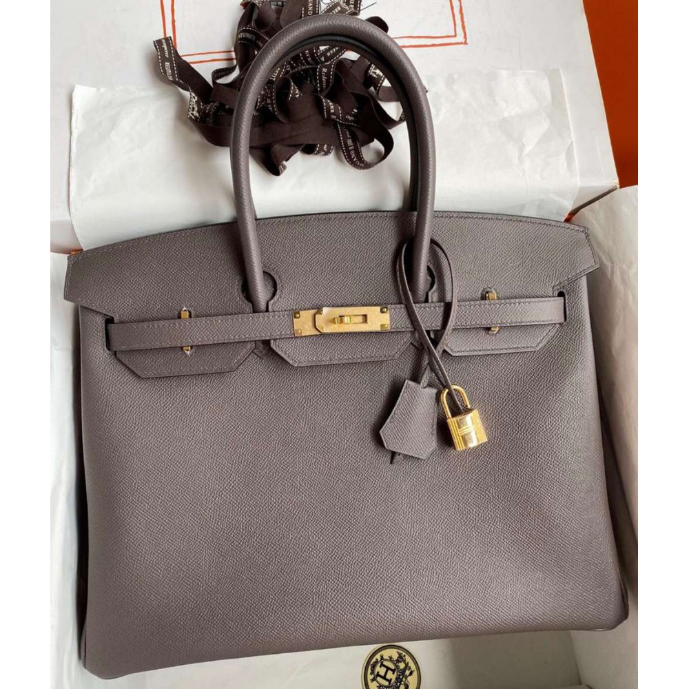 Hermes Birkin 35 Retourne Handmade Bag In Etain Epsom Calfskin