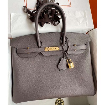 Hermes Birkin 35 Retourne Handmade Bag In Etain Epsom Calfskin