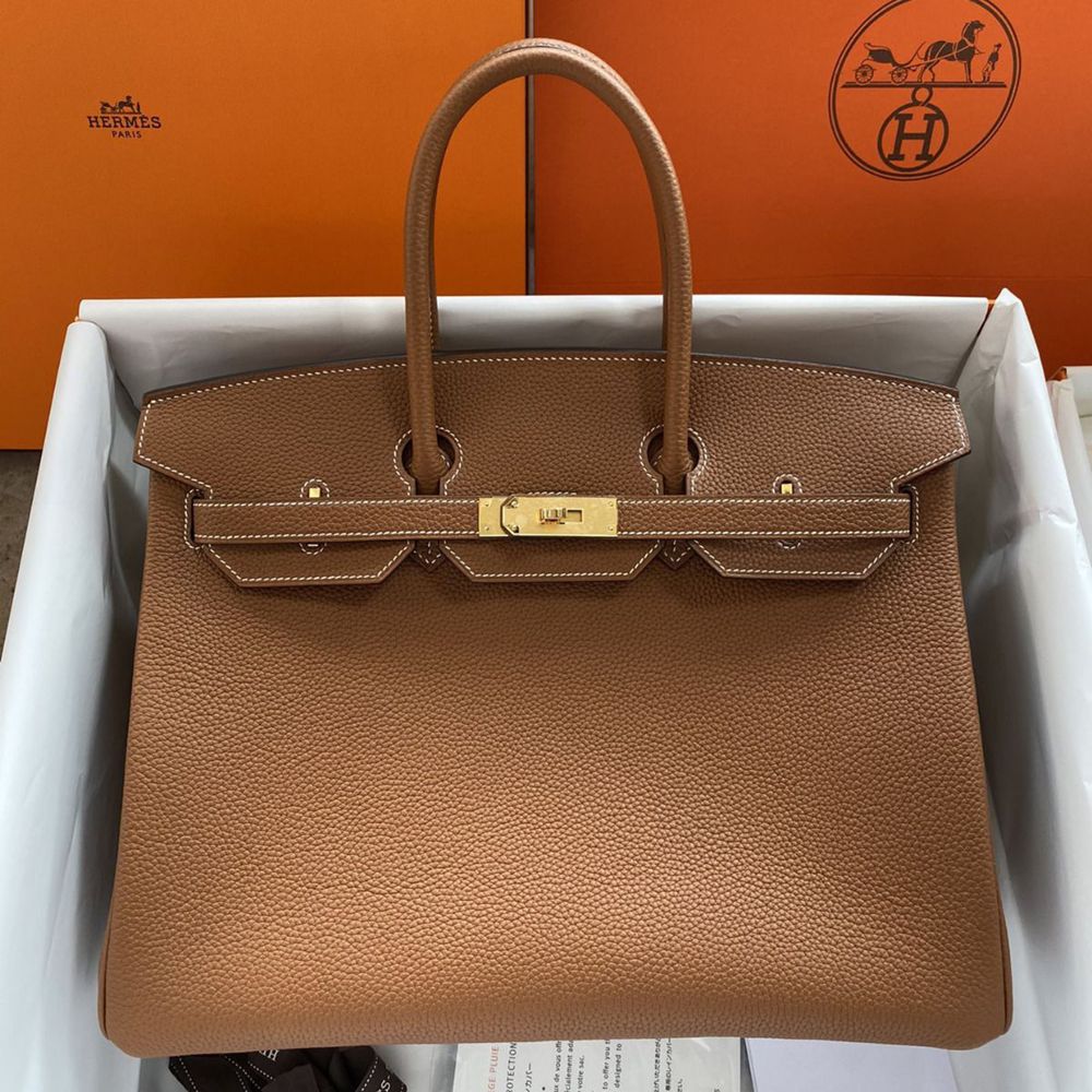 Hermes Birkin 35 Retourne Handmade Bag In Gold Clemence Leather