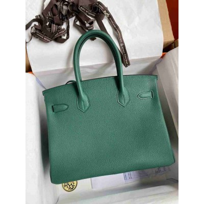 Hermes Birkin 35 Retourne Handmade Bag in Malachite Clemence Leather