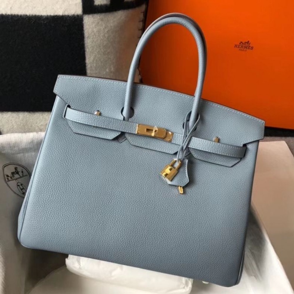 Hermes Birkin 35cm Bag In Blue Lin Clemence Leather GHW