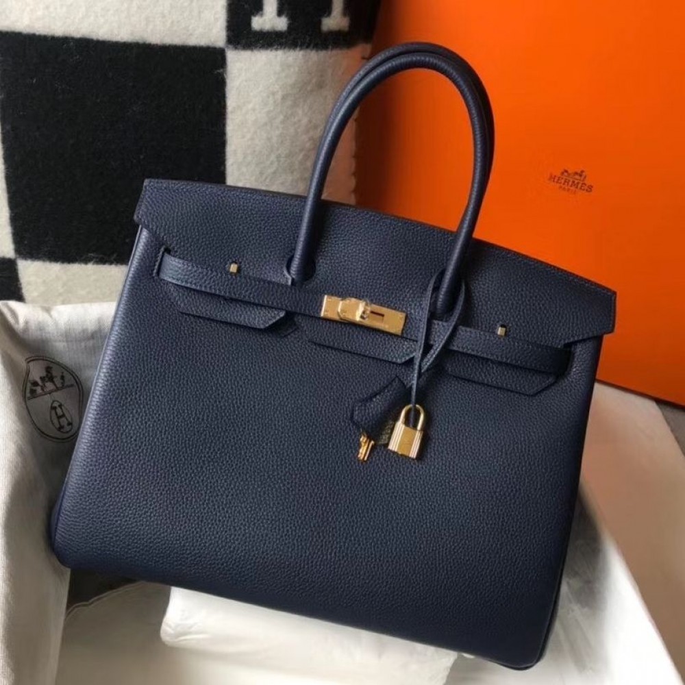 Hermes Birkin 35cm Bag In Dark Blue Clemence Leather GHW