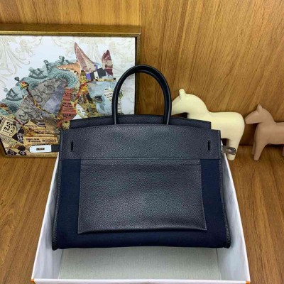 Hermes Birkin a l'envers 35 Bag in Black Clemence Leather and Canvas