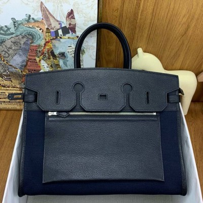 Hermes Birkin a l'envers 35 Bag in Black Clemence Leather and Canvas