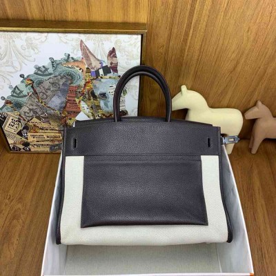 Hermes Birkin a l'envers 35 Bag in Ebene Clemence Leather and Canvas