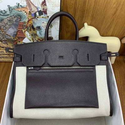 Hermes Birkin a l'envers 35 Bag in Ebene Clemence Leather and Canvas