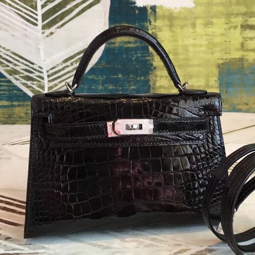 Hermes Kelly Mini II Handmade Bag In Black Alligator Crocodile