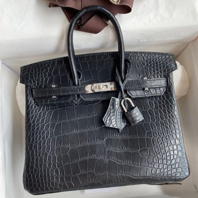 Hermes Birkin 25 Bag In Black Matte Alligator Crocodile Skin