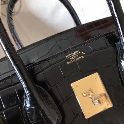 Hermes Birkin 30 Bag In Black Crocodile Porosus Shiny Skin