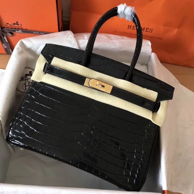 Hermes Birkin 30 Bag In Black Crocodile Porosus Shiny Skin