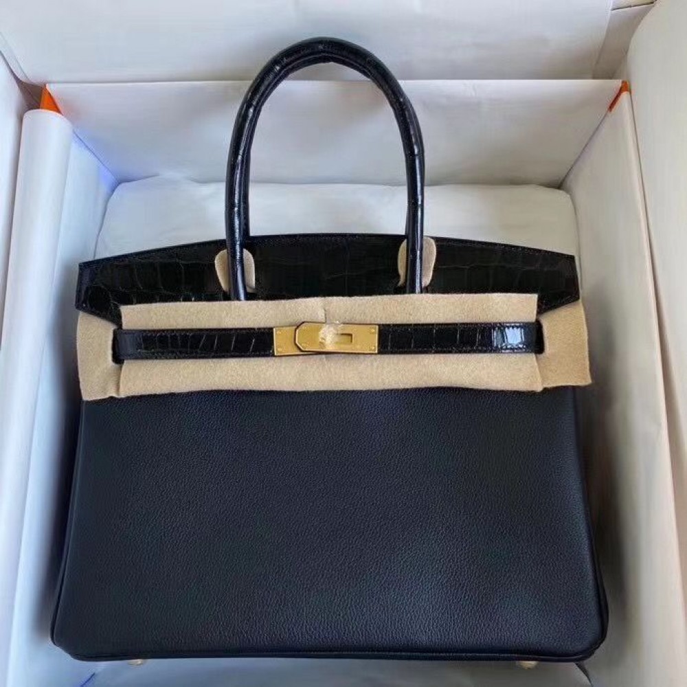 Hermes Touch Birkin 30 Bag In Black Shiny Niloticus Crocodile Skin