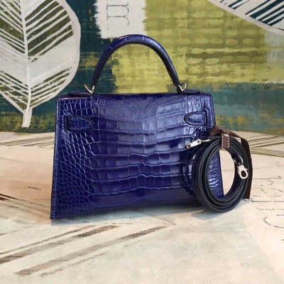 Hermes Kelly Mini II Handmade Bag In Blue Alligator Crocodile