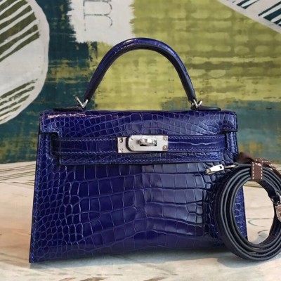 Hermes Kelly Mini II Handmade Bag In Blue Alligator Crocodile