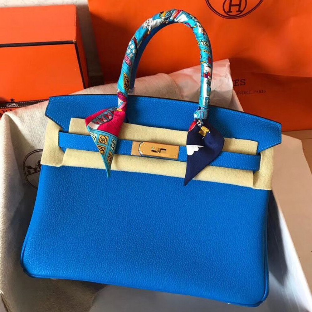 Hermes Birkin 30 Handmade Bag In Blue Clemence Leather