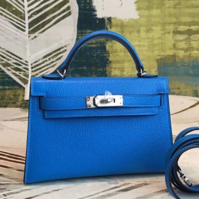 Hermes Kelly Mini II Handmade Bag In Blue Chevre Leather