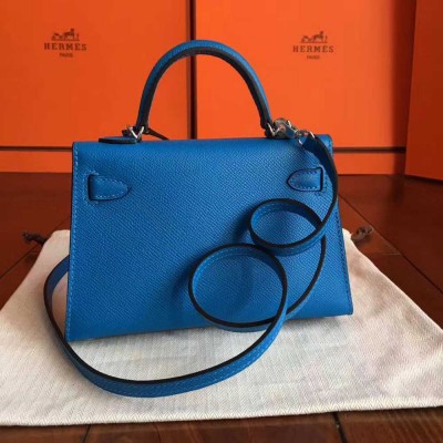 Hermes Kelly Mini II Handmade Bag In Blue Izmir Epsom Leather