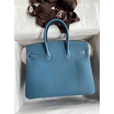 Hermes Birkin 25 Handmade Bag In Blue Jean Clemence Leather