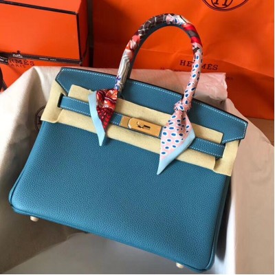 Hermes Birkin 30 Handmade Bag In Blue Jean Clemence Leather