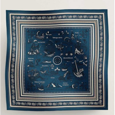 Hermes Blue Tatouages Marins Bandana Shawl 140