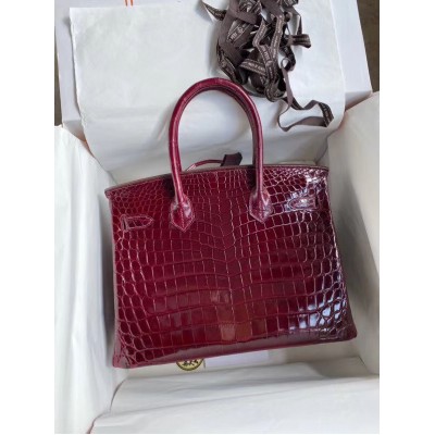 Hermes Birkin 30 Handmade Bag In Bordeaux Crocodile Niloticus Shiny