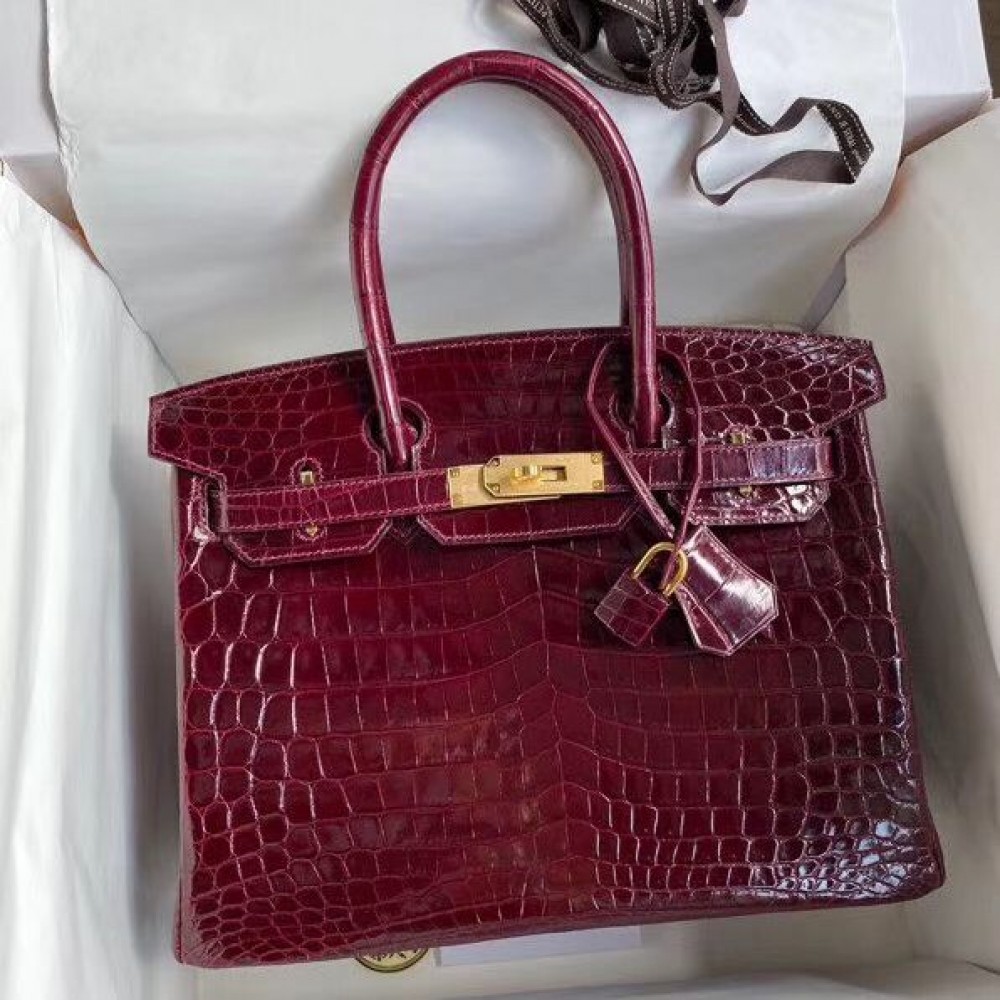 Hermes Birkin 30 Handmade Bag In Bordeaux Crocodile Niloticus Shiny