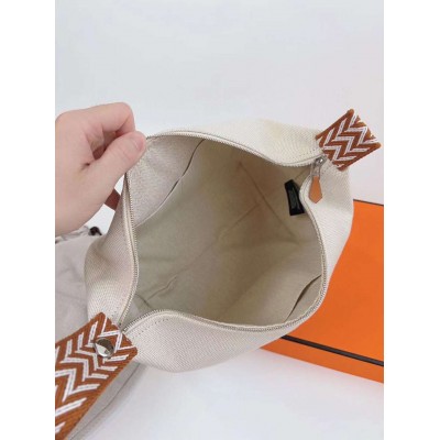 Hermes Bride-a-Brac Large Case in Ecru Canvas with Brown Zigzag Motifs