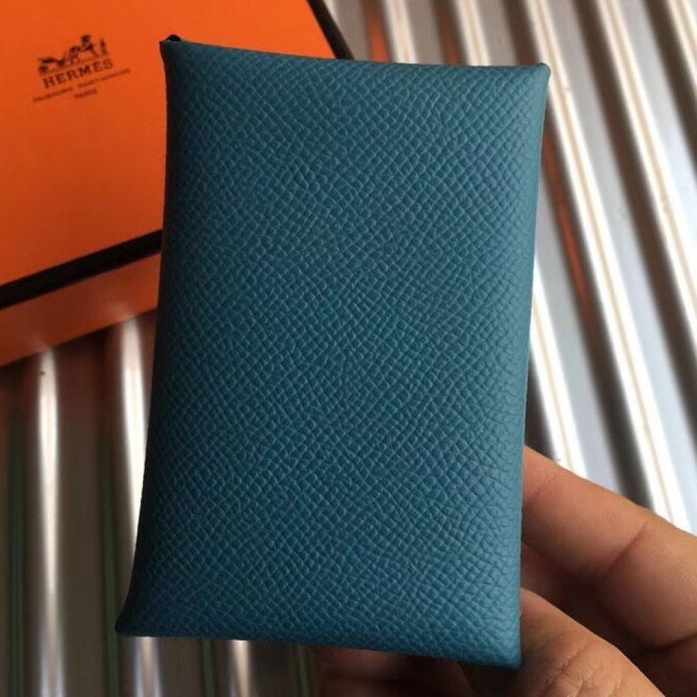 Hermes Calvi Card Holder In Blue Jean Epsom Leather