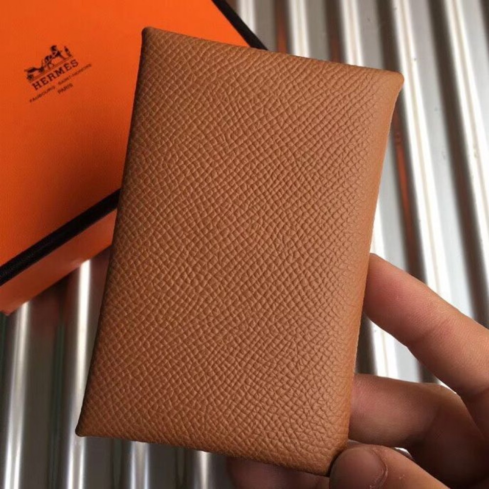 Hermes Calvi Card Holder In Gold Epsom Leather