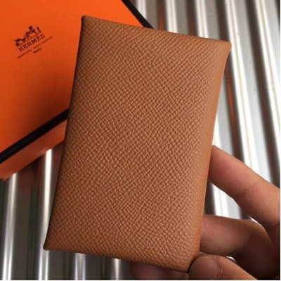 Hermes Calvi Card Holder In Gold Epsom Leather