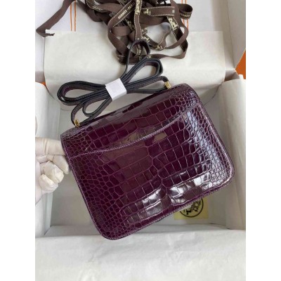 Hermes Constance 18 Handmade Bag in Cassis Shiny Alligator Leather