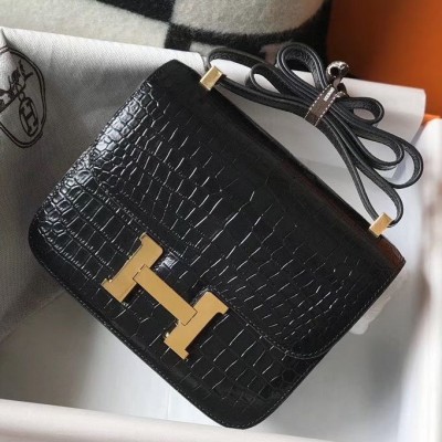 Hermes Constance 18 Handmade Bag In Black Embossed Crocodile