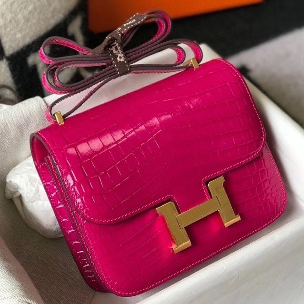 Hermes Constance 18 Handmade Bag In Rose Red Embossed Crocodile