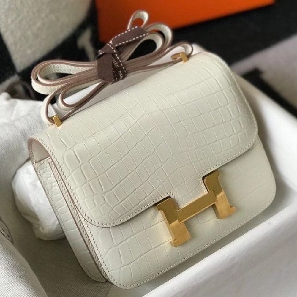 Hermes Constance 18 Handmade Bag In White Embossed Crocodile